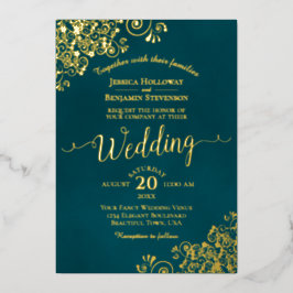 Elegant Gold Calligraphy Dark Teal Frilly Wedding Folieneinladung