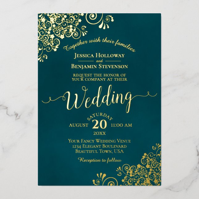 Elegant Gold Calligraphy Dark Teal Frilly Wedding Folieneinladung (Vorderseite)