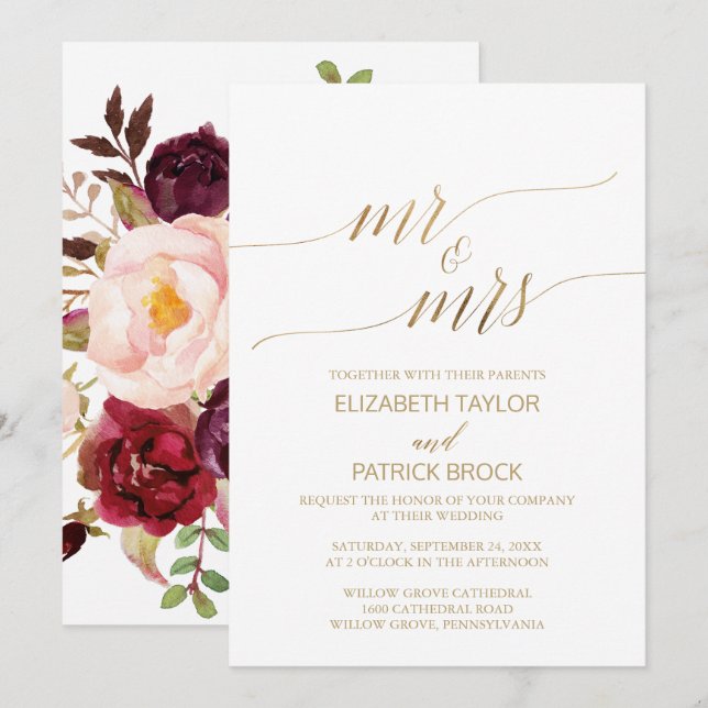 Elegant Gold Calligraphy Floral Mr & Mrs. Wedding Einladung (Vorne/Hinten)