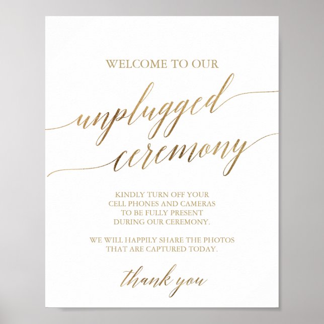Elegant Gold Calligraphy Unplugged Zeremony Sign Poster (Vorne)
