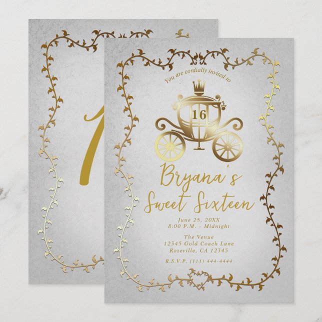 Elegant Gold Carriage White Storybook Sweet 16 Einladung (Vorne/Hinten)
