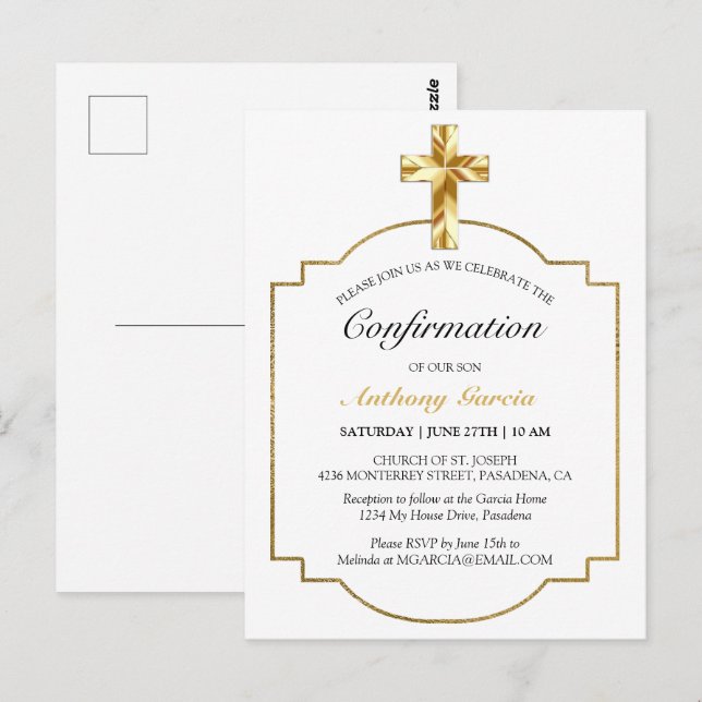 Elegant Gold Catholic Bestätigung Einladung Postkarte (Vorne/Hinten)