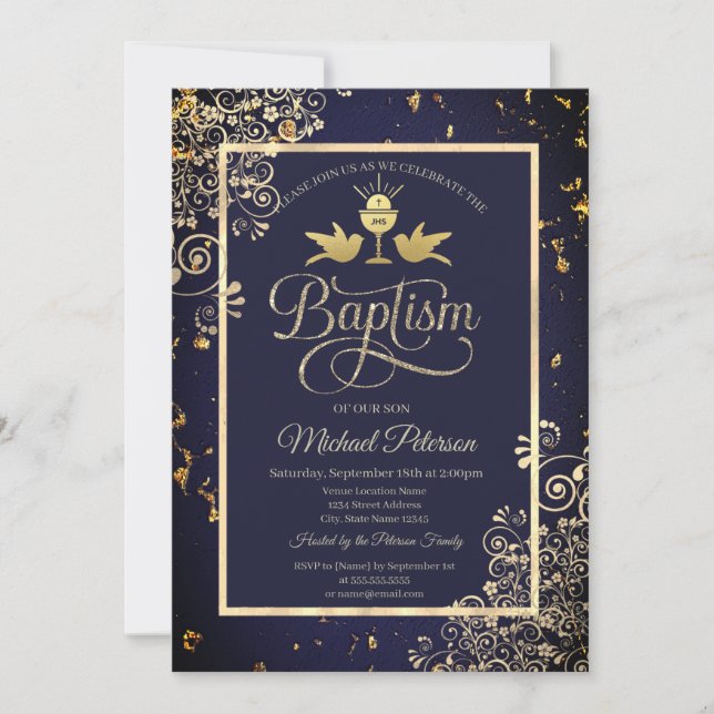 Elegant Gold Chalice Lace Navy Blauer Taufen Einladung (Vorderseite)