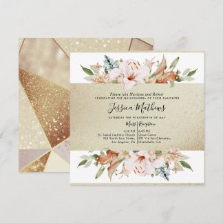Elegant Gold Champagne Floral Quinceñera Einladung