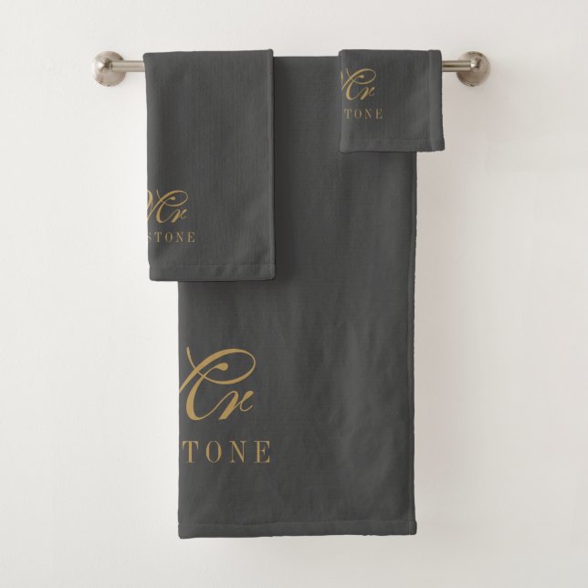 Elegant Gold Charcoal Herr Name Badhandtuch Set (Insitu)