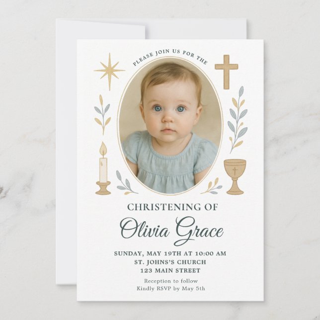 Elegant Gold Christening Invitation pour fille (Devant)
