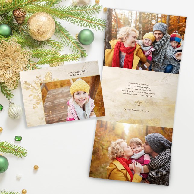Elegant Gold Christmas Botanical Photo Dreifach Gefaltete Urlaubskarte (Von Creator hochgeladen)