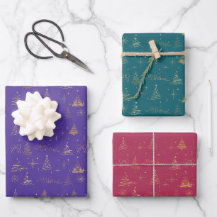 Elegant Gold Christmas Tree Doodles Geschenkpapier Set