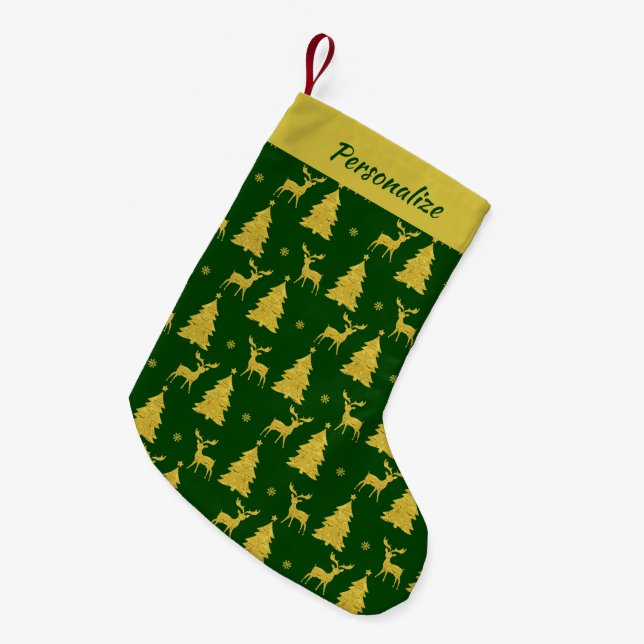 Elegant Gold Christmas Trees Reindeer on Green Kleiner Weihnachtsstrumpf (Vorderansicht (hängend))