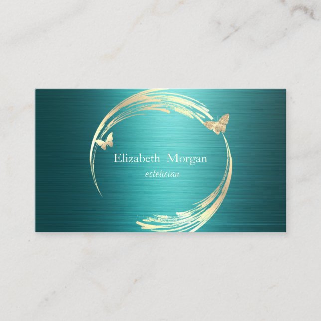 Elegant Gold Circles Butterflies Green Metallic Visitenkarte (Vorderseite)