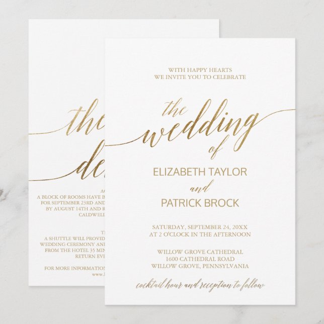Elegant Gold | Cocktailstunde und Details Hochzeit Einladung (Vorne/Hinten)