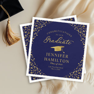 Elegant Gold Confetti auf dem blauen Abschluss Serviette
