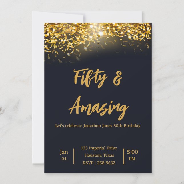 Elegant Gold Confetti auf dem Schwarzen Meer | 50. Einladung (Vorderseite)