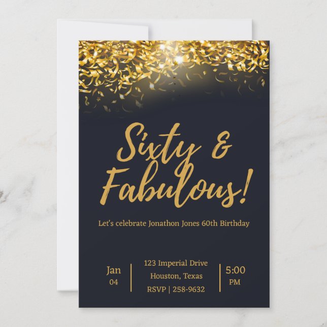 Elegant Gold Confetti auf dem Schwarzen Meer | 60. Einladung (Vorderseite)