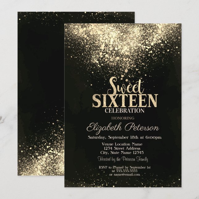 Elegant Gold Confetti, Black Sweet 16 Einladung (Vorne/Hinten)