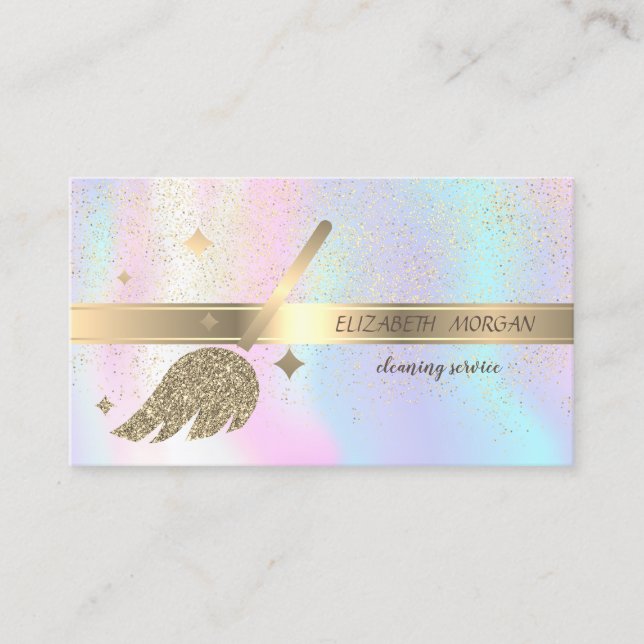 Elegant Gold Confetti, Broom, Holographisch Visitenkarte (Vorderseite)