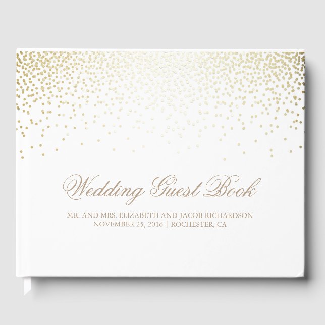 Elegant Gold Confetti Dots White Wedding Gästebuch (Vorderseite)