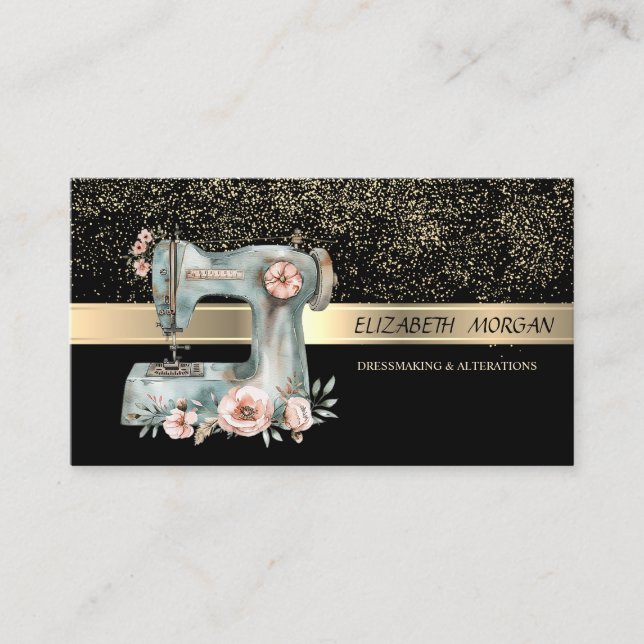 Elegant Gold Confetti,Floral Sewing Machine Visitenkarte (Vorderseite)