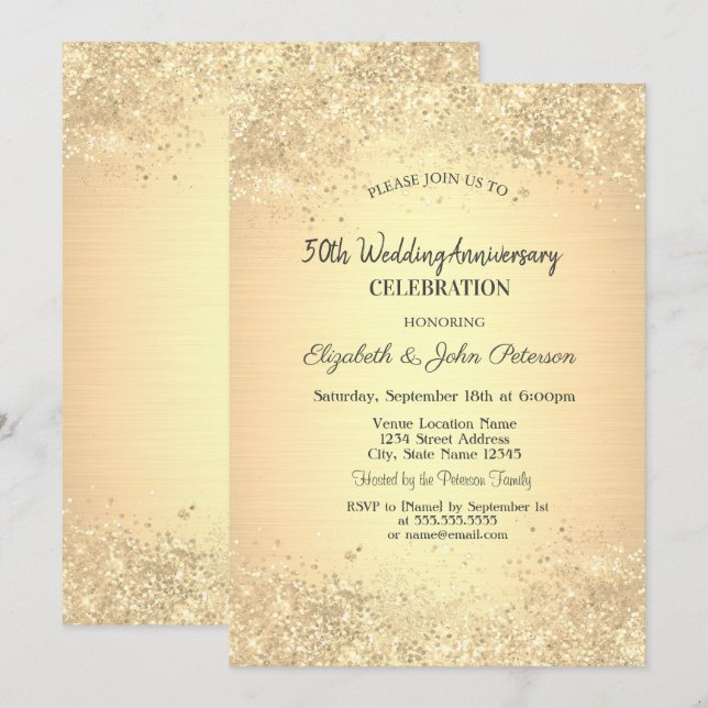 Elegant Gold Confetti Hochzeit Jahrestag Einladung (Vorne/Hinten)