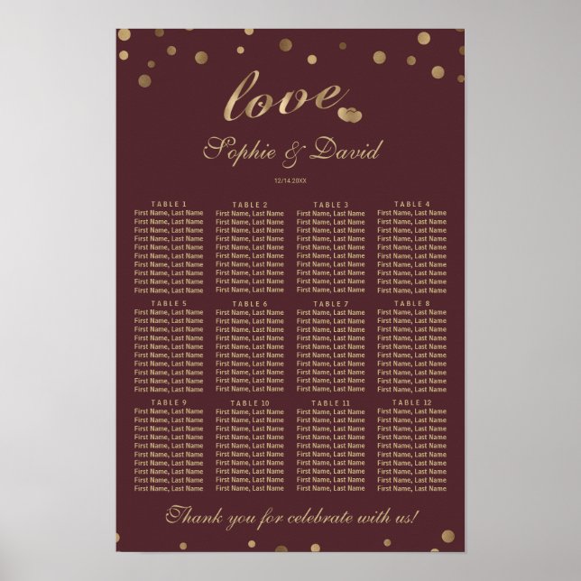 Elegant Gold Confetti Love Burgundy Seating Chart Poster (Vorne)