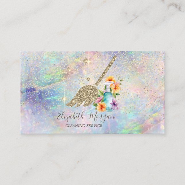 Elegant Gold Confetti Maid Spray Flasche Opal Visitenkarte (Vorderseite)