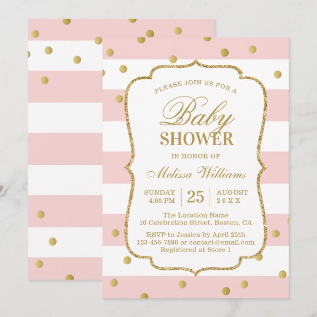 Elegant Gold Confetti Pink Stripes Baby Dusche Einladung (Vorne/Hinten)