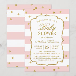 Elegant Gold Confetti Pink Stripes Baby Dusche Einladung