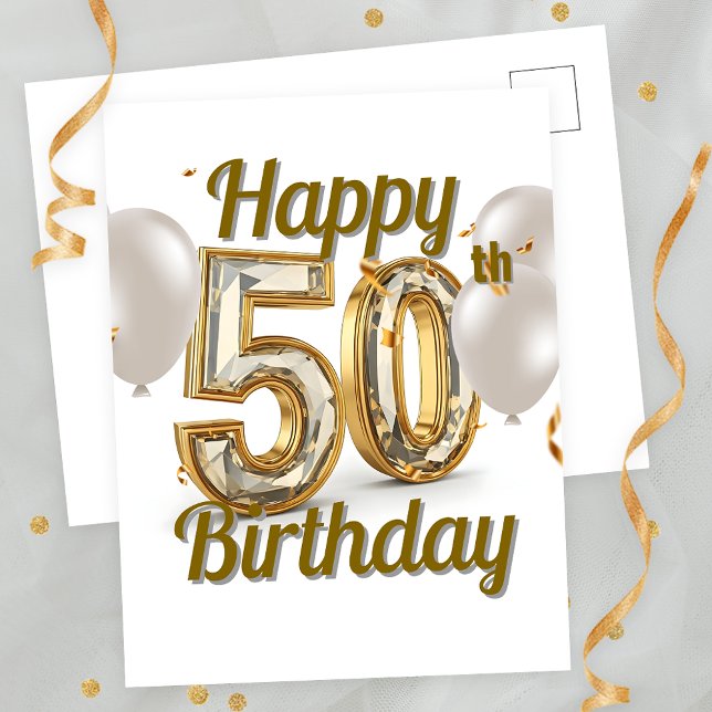 Elegant Gold Confetti und Balloons 50. Geburtstag Postkarte (Von Creator hochgeladen)