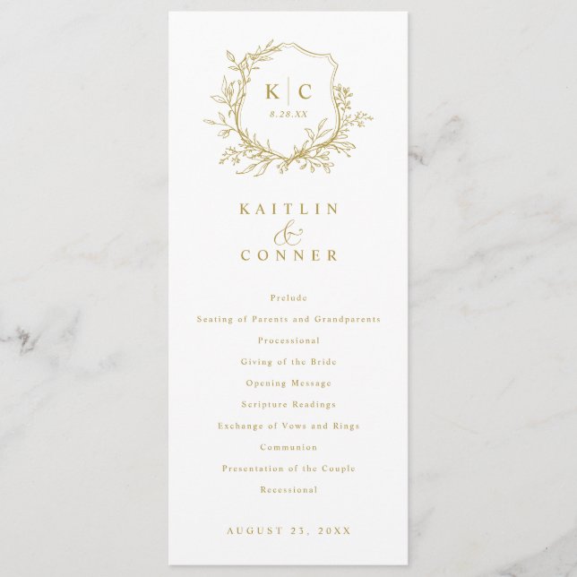 Elegant Gold Crest Vintage Wedding Programs Programm (Vorderseite)