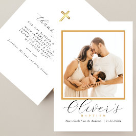 Elegant Gold Cross Baby´s Baptism Photo Script Dankeskarte