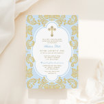 Elegant Gold Cross Blue Damask Baby Boy Baptisse Einladung<br><div class="desc">Elegantes und formales Baptismus-Einladungs-Design für Baby-Jungen in blass blau,  antik und Champagner-Gold. Enthält ein dekoratives Goldkreuz und geblüht Damast-Grenzmuster.</div>