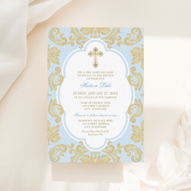 Elegant Gold Cross Blue Damask Baby Boy Baptisse Einladung (Von Creator hochgeladen)