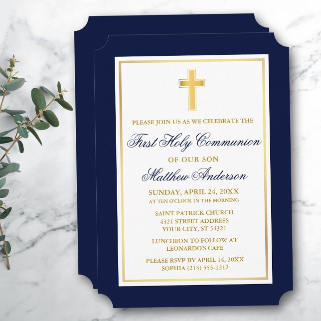 Elegant Gold Cross Blue First Communation Einladung (Customize to change text size, style, color or to add more text or photos to back of card.)