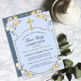 Elegant Gold Cross Blue Floral 1. Heilige Kommune Einladung