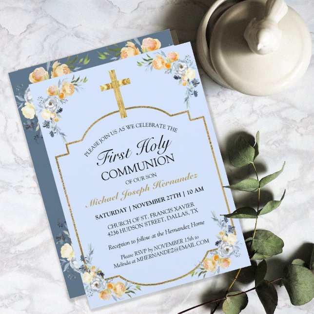 Elegant Gold Cross Blue Floral 1. Heilige Kommune Einladung (Von Creator hochgeladen)