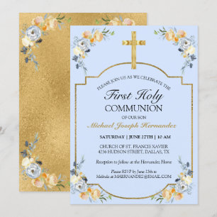 Elegant Gold Cross Blue Floral 1. Heilige Kommune Einladung