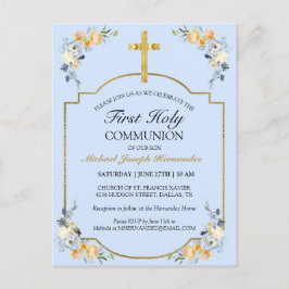 Elegant Gold Cross Blue Floral 1. Heilige Kommune Postkarte