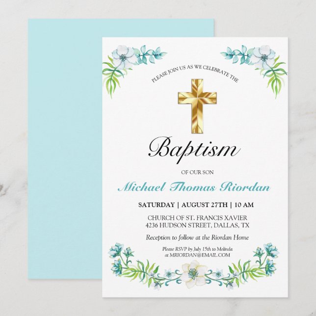 Elégant Gold Cross Boy's Blue Baptism Invitation (Devant / Derrière)