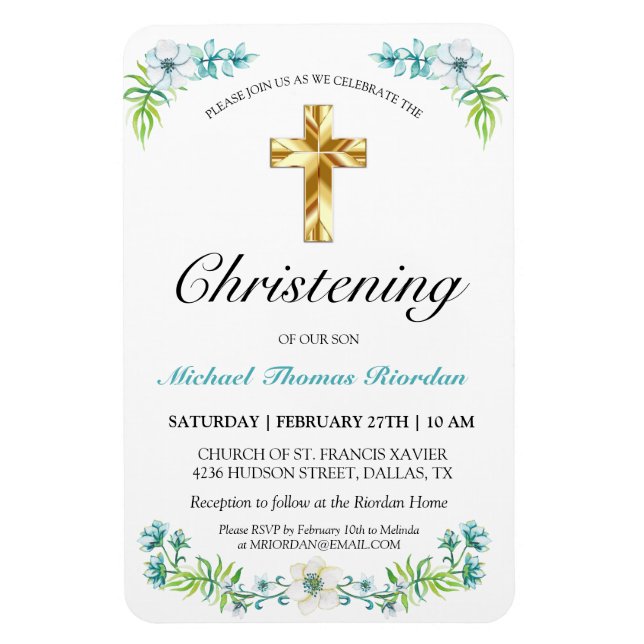 Elegant Gold Cross Boy's Blue Christening Magnet (Vertikal)