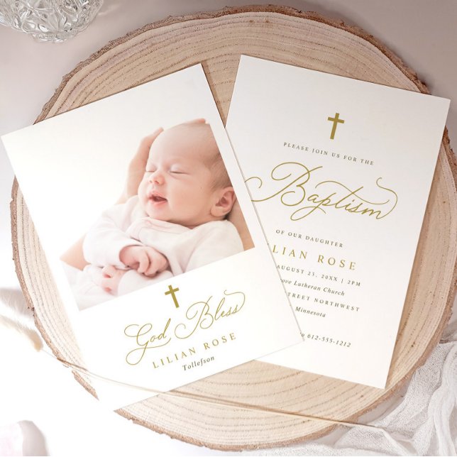 Elegant Gold Cross Calligraphy Photo Baptism Einladung (Elegant gold cross baptism invitation with “God Bless” script and baby photo on the back)