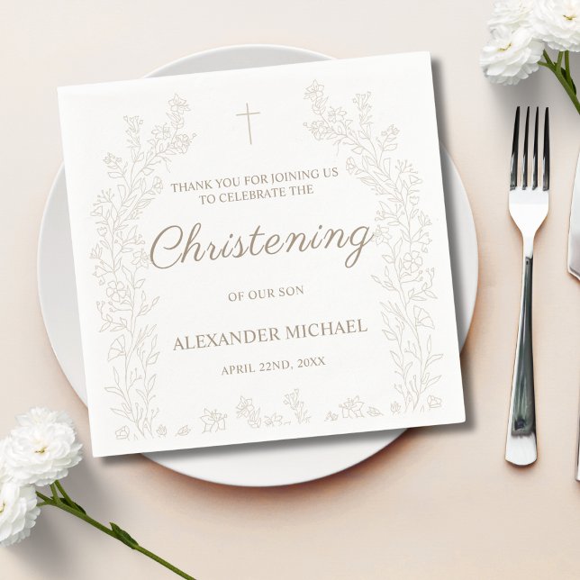 Elegant Gold Cross Floral Christening Baptism Serviette (Von Creator hochgeladen)