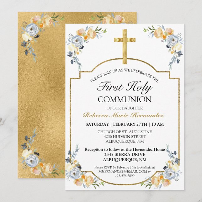 Elegant Gold Cross Floral First Holy Communion Einladung (Vorne/Hinten)