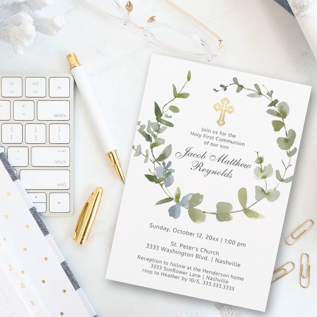 Elegant Gold Cross Heilige Kommunion Grüne Einladung (Von Creator hochgeladen)
