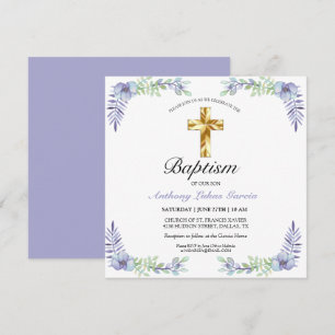 Elegant Gold Cross Lavender Boy Baptism Invitation