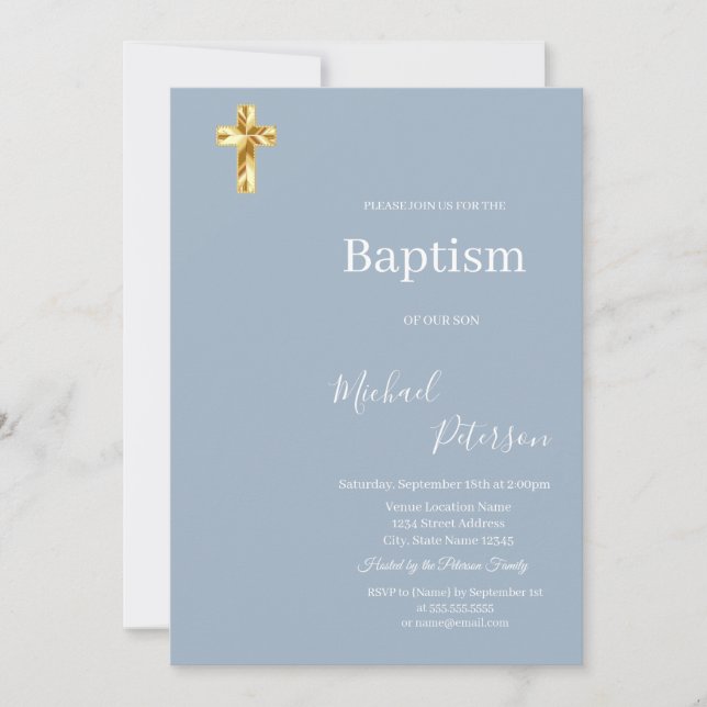 Elegant Gold Cross Minimalistische Taufe Dusty Blu Einladung (Vorderseite)