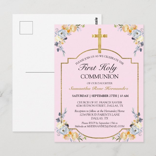 Elegant Gold Cross PInk Floral 1. Heilige Kommunio Postkarte (Vorne/Hinten)