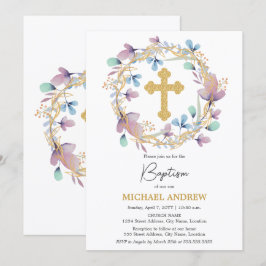 Elegant Gold Cross Taufen Bloral Einladung