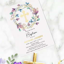 Elegant Gold Cross Taufen Bloral Folieneinladung