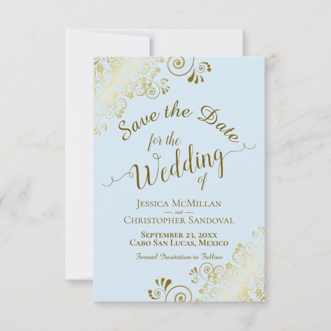 Elegant Gold Curly Filigree on Powder Blue Wedding Save The Date (Vorderseite)