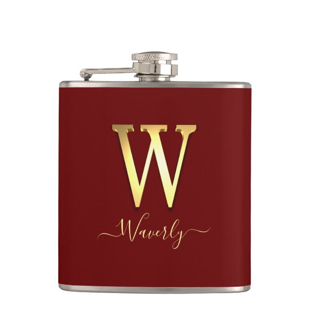 Elegant Gold Custom Monogram W Name Flask Flachmann (Vorderseite)